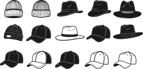 Diverse Hats Collection - Black and White Vector Illustration