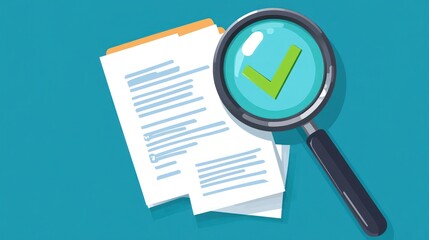 Approved documents under magnifying glass; teal background; verification concept