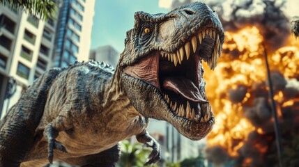 A T-Rex dinosaur roars amidst a city fire.