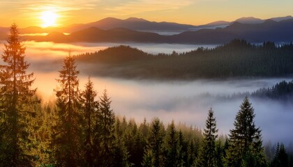 Fototapeta premium panoramic view of a serene misty forest at sunrise in majestic mountain landscape