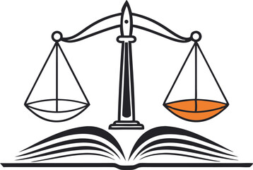 Legal scales on law book with justice symbol in minimalist black and orange design vector silhouette 