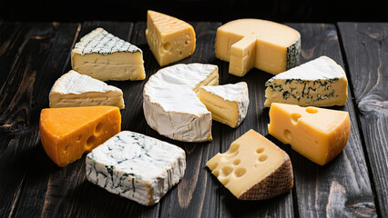 Various types of cheese on black wooden table.