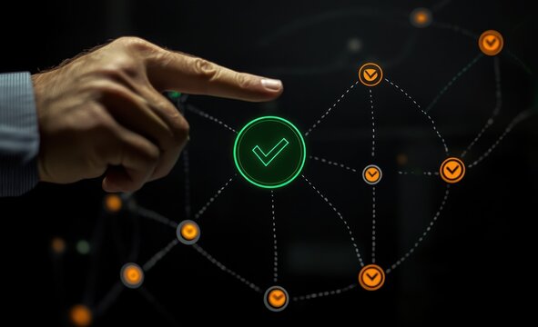 Hand points to a network confirmation.  A digital network with checkmark highlights connections