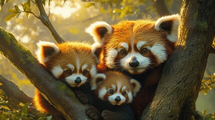 A family of endangered red pandas climbing trees in a forest sanctuary