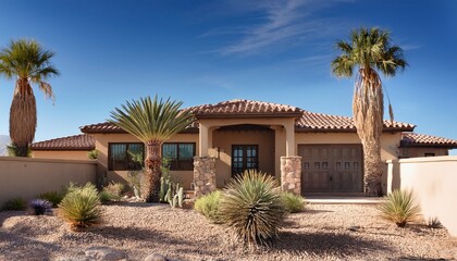 sunny southwestern home with palm trees and desert landscaping