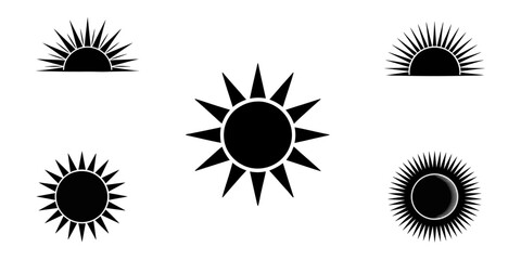 set of four abstract sun icons, Sun icon set. Yellow sun icons. Shine sun ray set. Sunset icon collection. Yellow sun star icons. Hot solar energy for tan. Vector illustration.