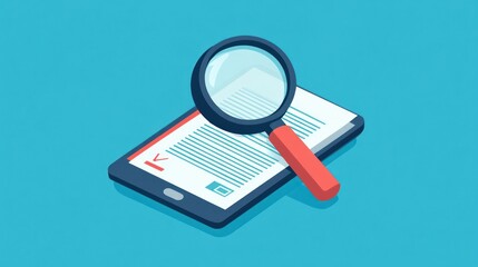 Digital book research, magnifying glass on e-reader, blue background, education concept