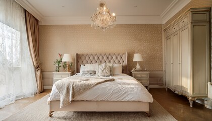 cozy retro style bedroom with beige wallpaper bed with pillows and bedspread bedside table lamp on table wall lamp bedroom interior vintage chandelier with crystals wardrobe chest of drawers