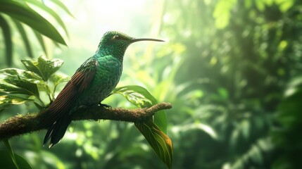 Fototapeta premium A hummingbird perched on a branch in a rainforest, surrounded by lush greenery