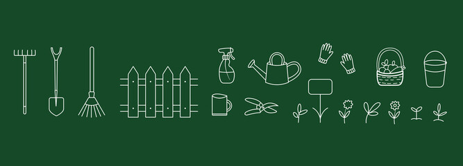 Set of gardening tools and plants in line art style on dark green background, including shovel, rake, watering can, gloves, pruner, basket and seedlings
