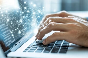 Hands typing on a laptop, network graphic overlay