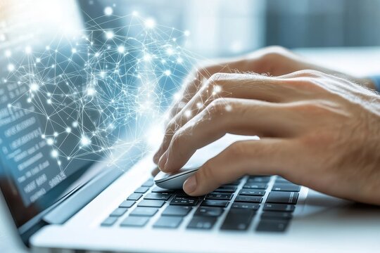 Hands typing on a laptop, network graphic overlay - Powered by Adobe