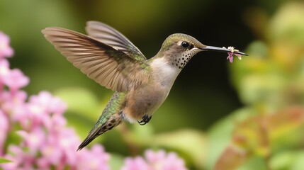 Fototapeta premium A rare species of hummingbird with bright purple and green feathers feeding from a blossom