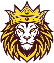 Lion head with crown in royal majestic golden color vector art featuring detailed mane and bold lines for a powerful regal mascot logo