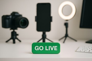 A digital camera, smartphone, and ring light stand behind a green go live button on a desk. Concept of live streaming setup and content creation studio.
