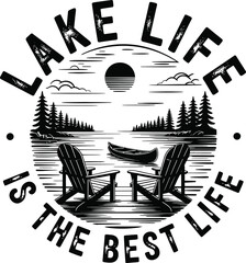 Lake life graphic with adirondack chairs and canoe black and white design