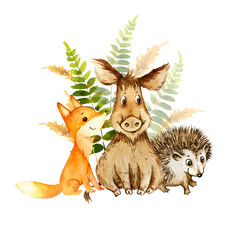 cute forest wild little animals on watercolor herbs and plants background, sketch of cartoon cubs of wild boar, red fox and hedgehog with forest fern's leaves, funny illustration, for children posters