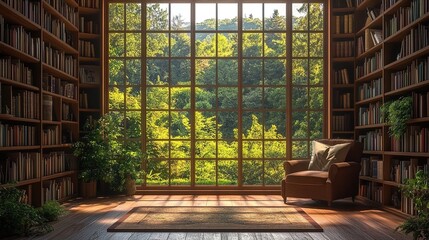 A cozy library room with floor-to-ceiling bookshelves, large forest-view window, leather armchair, and plants on wooden floor.