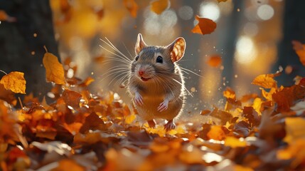 A mouse running through a pile of autumn leaves in a wooded forest
