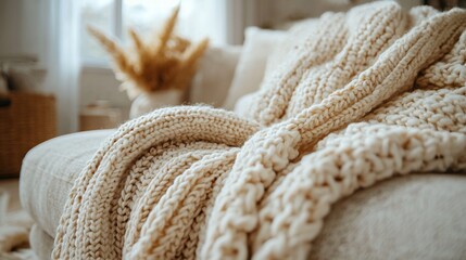 Cozy knitted throw blanket on sofa, living room interior