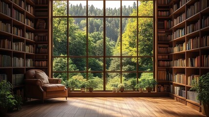 A cozy library room with floor-to-ceiling bookshelves, large forest-view window, leather armchair, and plants on wooden floor.