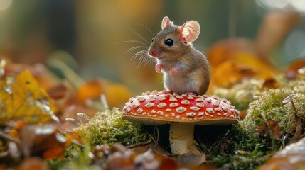 A field mouse sitting on a mushroom in a lush, forest clearing