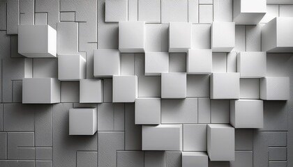 white squares protrude from a textured wall forming an abstract geometric relief