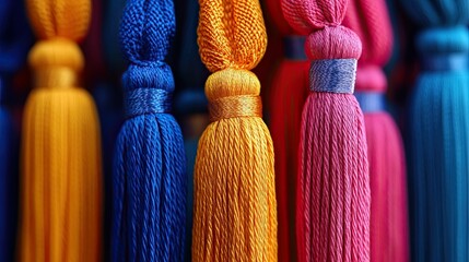 Graduation tassel close-up with vibrant colors and intricate details for academic visuals, decorations, and event themes.