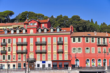 Fototapeta premium Old red buildings near port in Nice, France