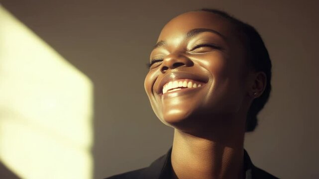 African-American, professional attire, outdoors, sunlight on face, happiness, smirking smile, confident pose, joy, portraiture.