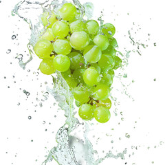 Green grapes splashing into sparkling white wine creating vibrant and refreshing motion, Isolated Transparent Background