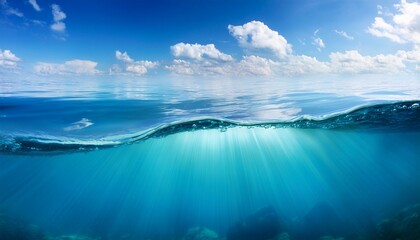 underwater sea surface and deep blue sea against blue sky and soft clouds summer background