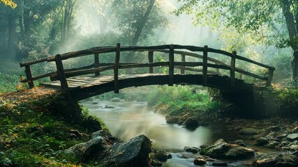 Serene morning mist over forest bridge and gentle stream