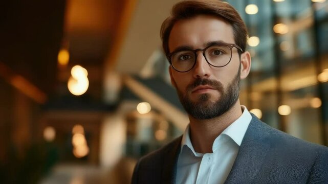 A focused and assertive professional male in an office setting with a blurred corporate backdrop.