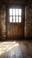 Obraz premium Wooden door in stone wall. Sunlight on floor