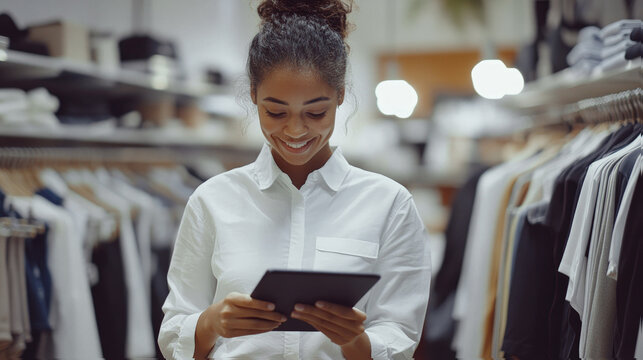 Young smiling Black woman using digital tablet in modern clothing store environment.