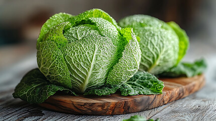Fresh savoy cabbages glistening with dew, artfully arranged on a rustic wooden board.  A vibrant image symbolizing healthy eating, natural goodness, and farmfresh produce.