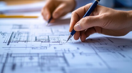A team of architects and engineers reviewing blueprints at a busy construction site