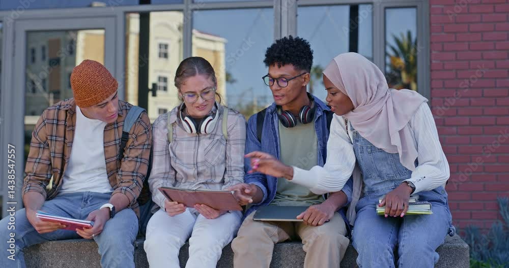 Poster outdoor, university and students with notebook talking of exam assessment, study group and learning 