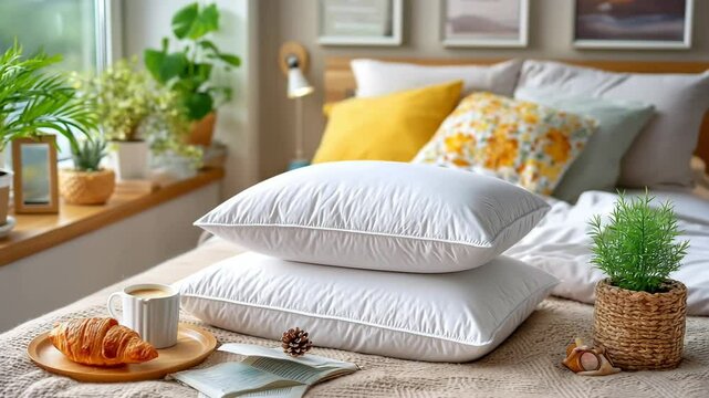 Fluffy cotton pillow &ndash; cozy, restful feeling &ndash; resting neatly on a freshly made bed &ndash; serene bedroom setting with soft white sheets and morning sunlight.