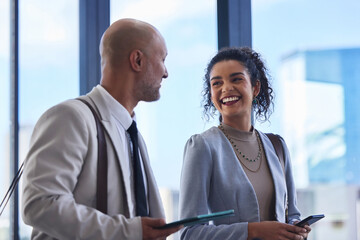 Collaboration, technology and walking with business people in office for administration or conversation. Accounting, audit and management with man talking to woman employee in corporate workplace