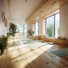 a tranquil yoga studio with natural wood flooring, large windows letting in soft sunlight, and a few yoga mats spread out on the floor.