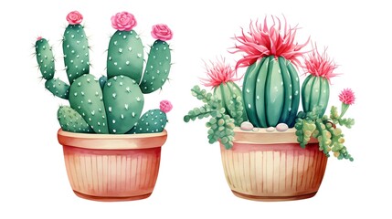 Vibrant green and pink cactus in a flowerpot isolated on white background for botanical design