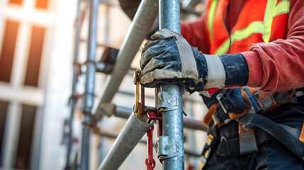 Construction Worker Using Safety Harness on Scaffolding