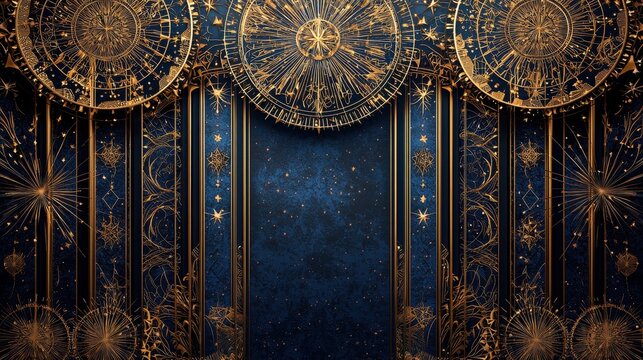 Ornate gold geometric patterns and celestial motifs on a deep blue background, evoking a luxurious, cosmic, and art deco-inspired aesthetic.