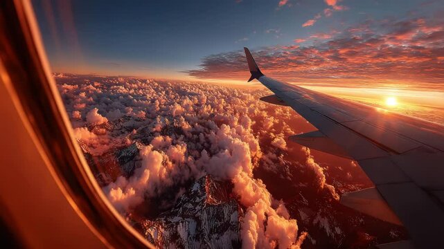 Window seat view - peaceful, reflective mood - passenger gazing out over horizon - airplane wing framed by soft clouds and golden sunset sky. 