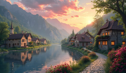 Fototapeta premium Picturesque mountain village at sunset reflecting on a calm river