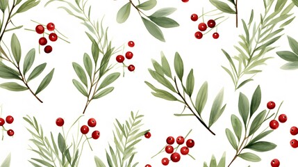 Professional Seamless Pattern with Red Berries Eucalyptus Branches