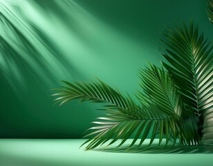 Naklejka premium beauty abstract background in green colors for product presentation shadows of palm leaves on wall for modern minimalist mockup backdrop