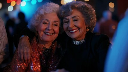 Dynamic gathering showcases two elderly friends embracing amidst vibrant lighting and festive atmosphere, highlighting their enduring friendship and shared joy.
